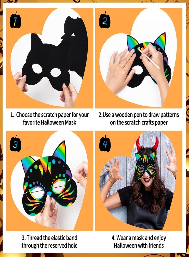 GOMANCHE 36 Pieces Halloween Scratch Art Masks for Kids, DIY Rainbow Magic Scratch Paper Masks for Crafts, Bat Witch Pumpkin Spider Pirate Skull Scratch Mask Crafts for Halloween Party Supplies - Image 3